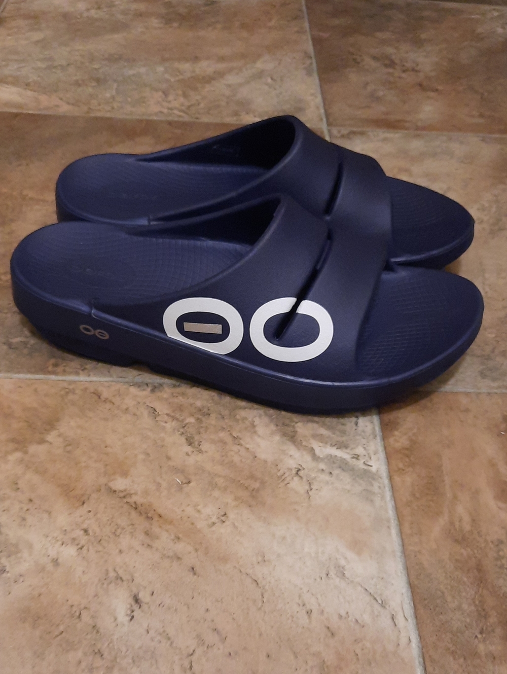 Oofos OOahh Sport Slide Sandals, Navy/White, Mens 9